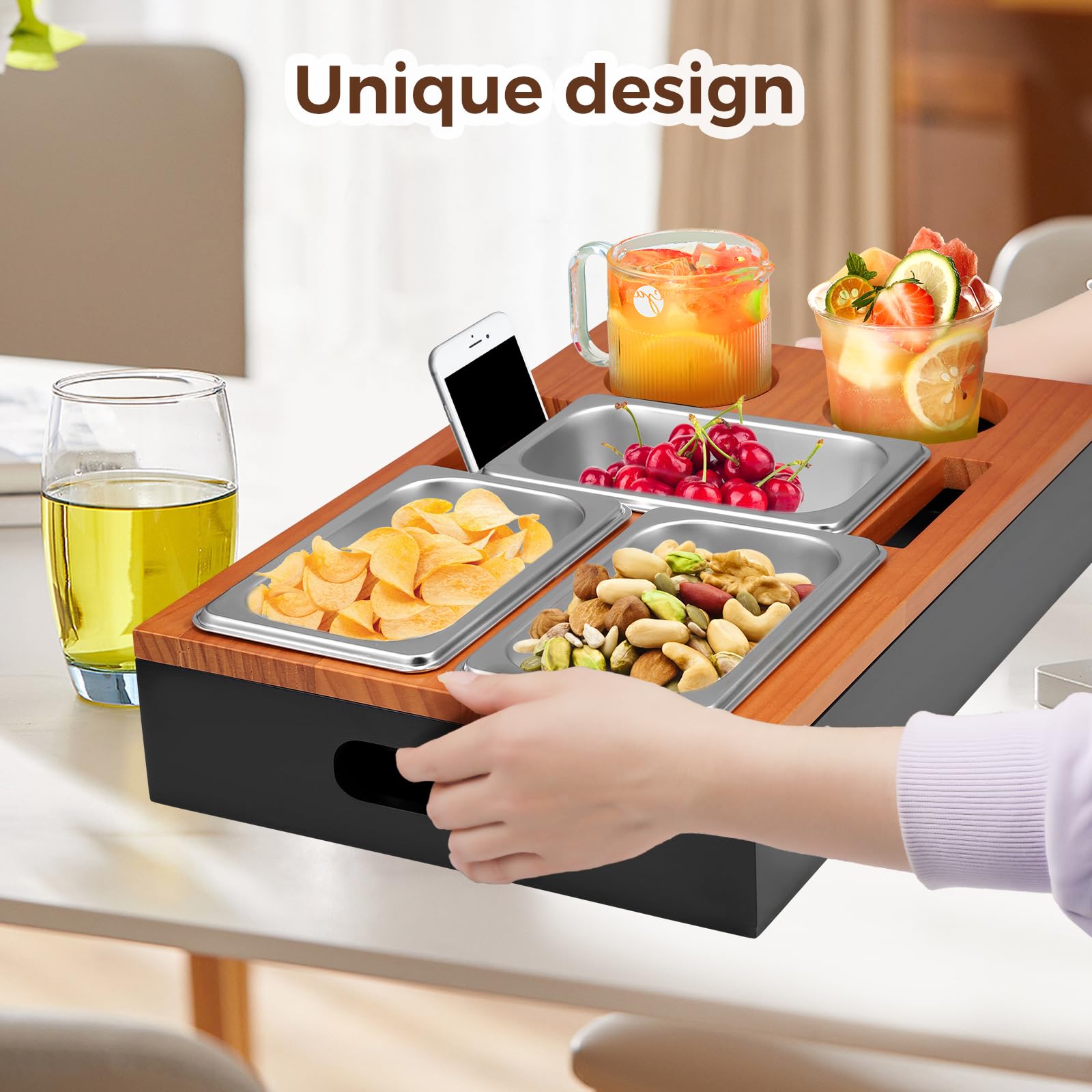Canapé Bar Snack Box Plateau Bois Avec Porte-Verres Et Bols Inox - Accessoire Pratique Pour Salon
