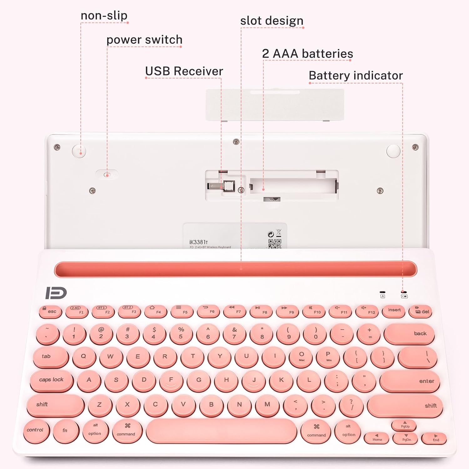 Dual Channel Multi-Device Universal Cute Wireless Bluetooth Keyboard Portable Slim with 20m Connection Distance for Tablet Smart Phone PC Windows Android iOS Mac (Pink) image 7 of 7 B07P2FZFZ3