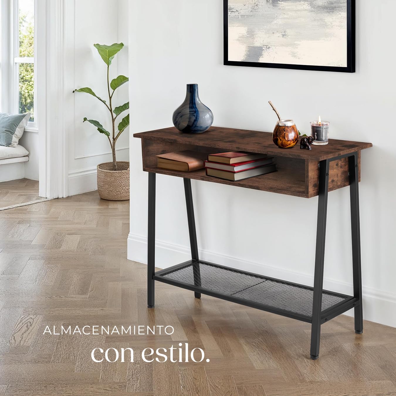 tectake® Mesa Consola de Estilo Industrial, Estante de Rejilla, Espacio de Almacenamiento, Mueble Auxiliar Salón, Aparadores para Salon - 100 x 35 x 80,5 cm Madera Industrial Oscura, Rústica