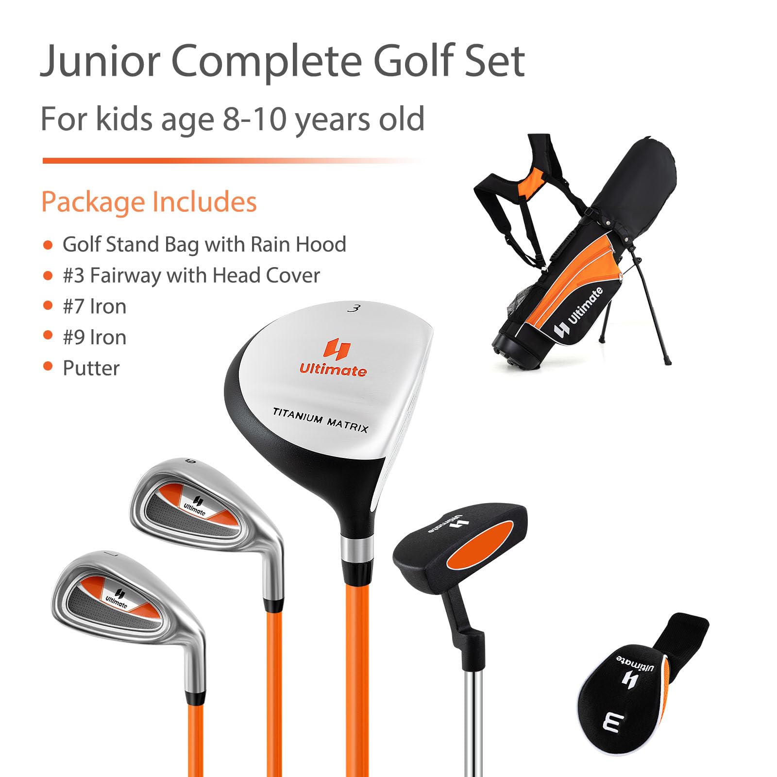 LIFEZEAL Ensemble de Clubs de Golf pour Enfant droitier avec Fer #3 Fairway, #7 & #9, Putter, Couvre-Clubs, équipement de Golf pour garçons et Filles de 8 à 10 Ans
