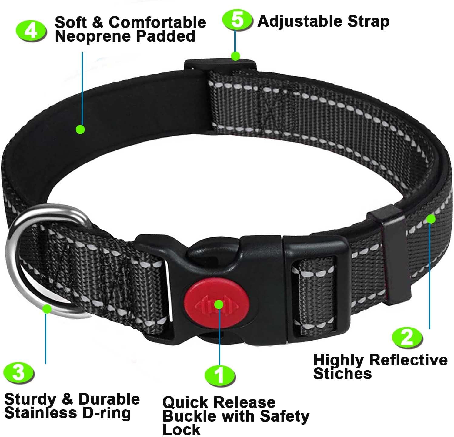 ATETEO Dog Collar, Reflective Adjustable Basic Dog Collar with Soft Neoprene Padding, Durable Nylon Pet Collars for Puppy Small Medium Large Dogs, Black, S: 9-14.2 inch 3 71eU5dZPPTL. AC SL1500