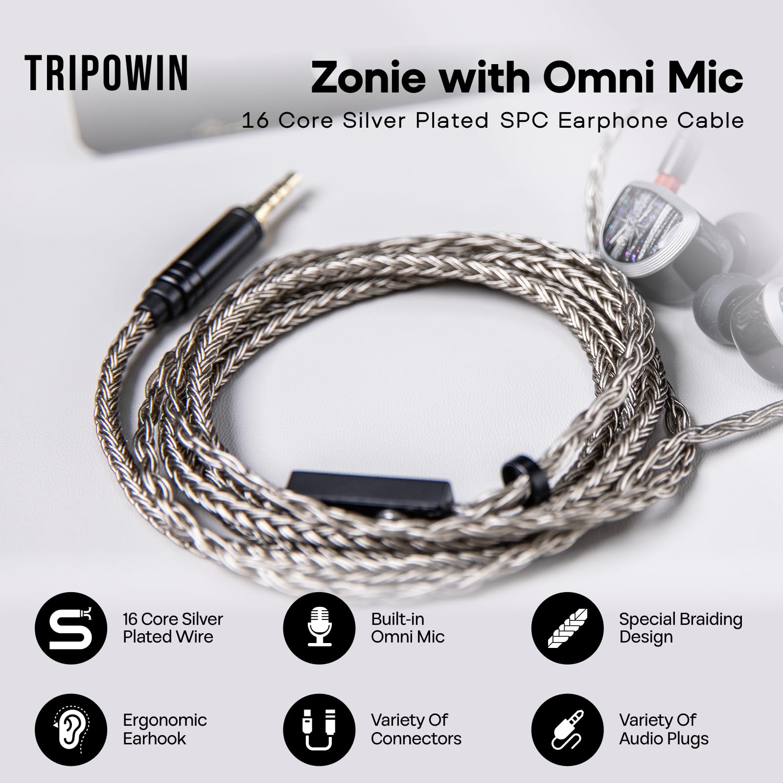 Linsoul Tripowin Zonie Câble de Mise à Niveau des IEMs HiFi, avec Omni Mic, Câble d’écouteur SPC plaqué Argent à 16 âmes, Type C/3,5mm Fil Anti-enchevêtreme de 1,25m (3,5 mm, 2 Broches 0,78 mm)