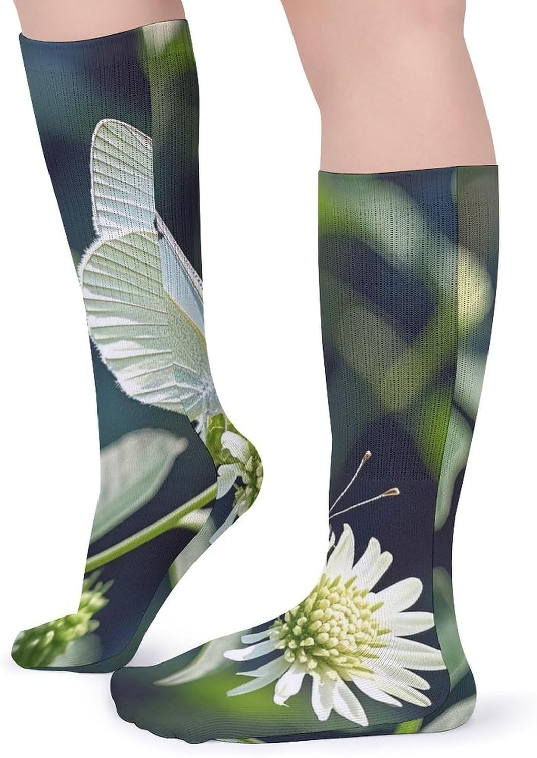 White Butterfly Crew Socks Cozy Casual Calf Socks Lightweight Long Work Sock Breathable Athletic Sock for Hiking Sports Running 5 Pairs