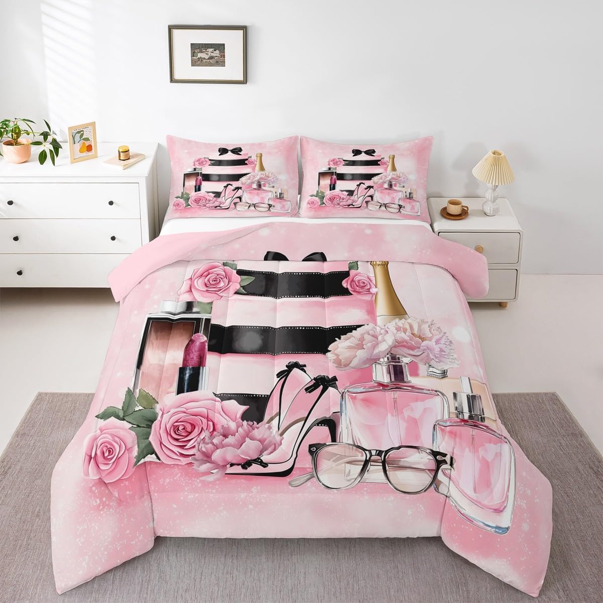 Erosebridal Fashion Luxury Girly Queen Comforter Set Pink Floral Bedding Set for Girls Women Kids High Heel and Perfume Bed Sets Boho Coquette Trendy Elegant Aesthetic Duvet Insert,Pink and Black