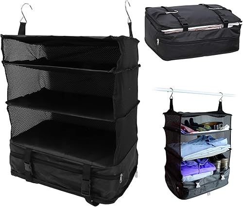 Miniatura 5 de Bolsa de viaje colgante, organizador de armario portátil, espacio grande, 3 capas de malla, 1 bolsillo con cremallera, tela de lona plegable