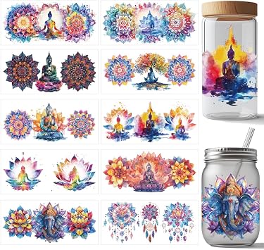 arricraft 10 Sheets Buddha UV DTF Cup Wrap for 16OZ Glass, Colorful Lotus Mandala Elephant Rub on Decals Yoga Transfer Stickers for DIY Bottles Containers Wooden Fish Buddhism Supplies