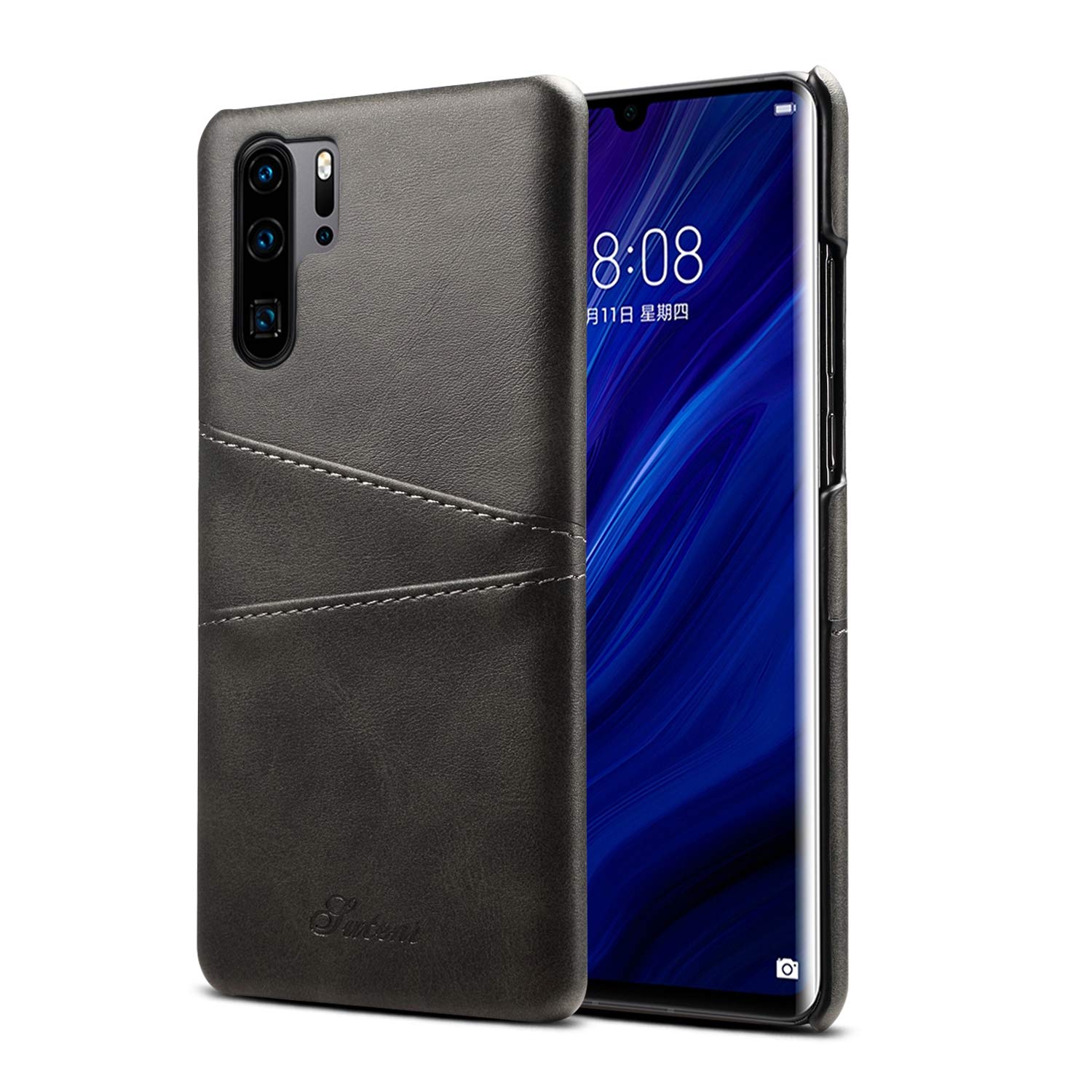 Huawei P30 Pro Case, Bpowe Slim PU Leather Back Case Cover with Credit Card Holder Vintage Leather Wallet Phone Case for Huawei P30 Pro (Black)