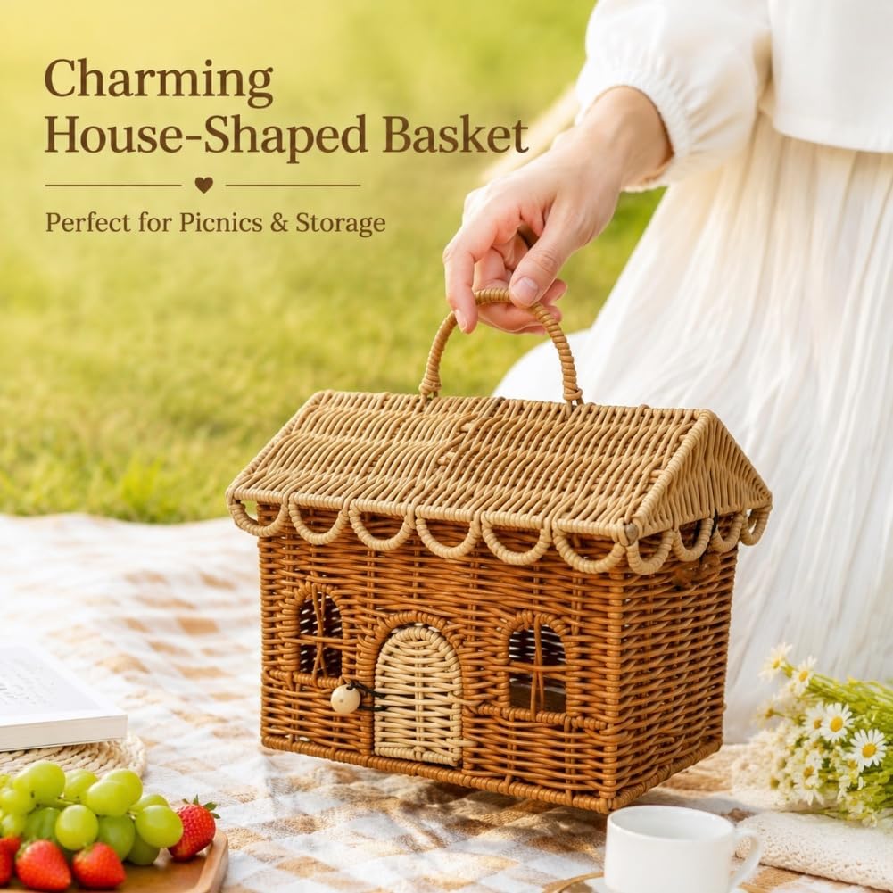 Wicker House Shaped Basket with Lid, Rattan Storage Basket for Picnic or Small Dollhouse, Decorative Woven Basket for Gift Wrapping, Basket Purse