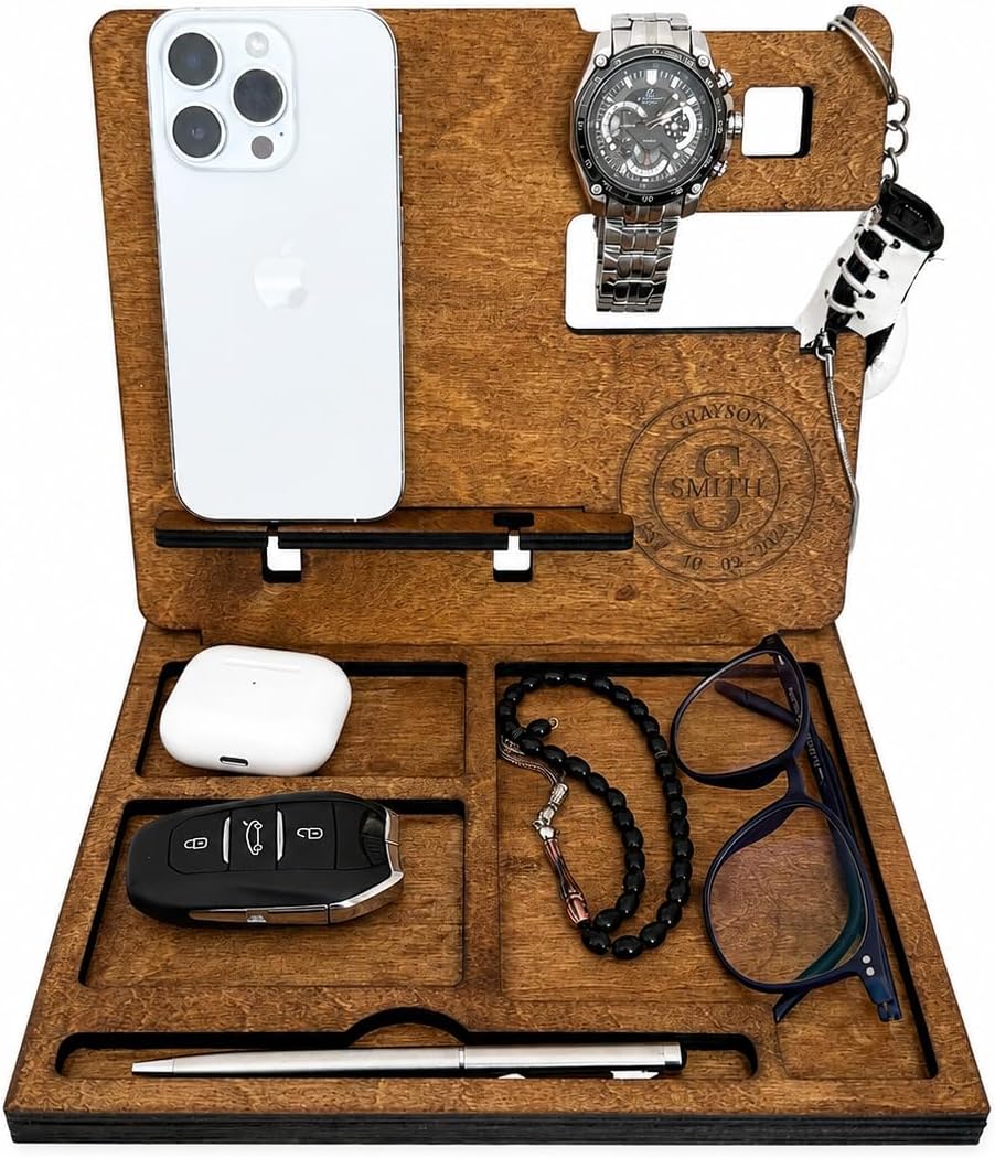 Personalized Wooden Docking Station for Men, Custom Nightstand Organizer with Phone Stand, Watch Holder, Key & Wallet Tray, Birch Plywood Desk Organizer, Gift for Dad Husband Boyfriend