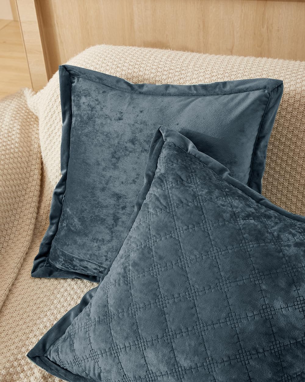 Pillow Cover 24x24 1 Piece Velvet Large Euro Sham with Hidden Zipper Wrinkle Resistant Soft Cross Process Decorative Farmhouse Quilted Cushion Covers for Couch Bed, Gray Blue