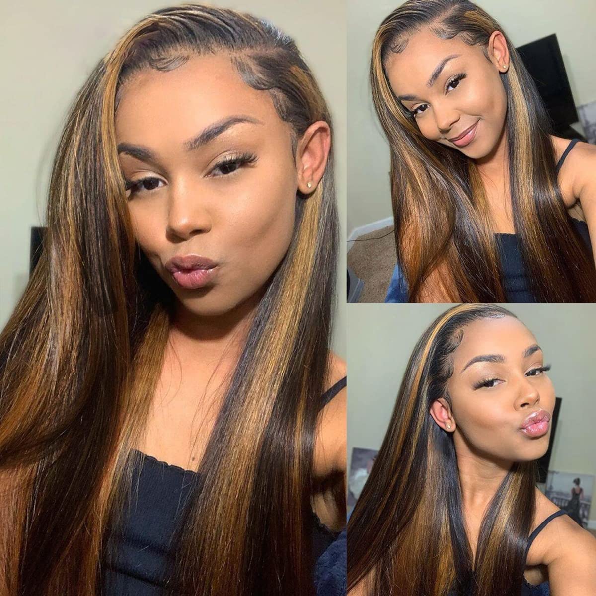 Haha Brown Highlight Human Hair Bundles With Closure Straight Ombre Bundles With Closure Colored Balayage 10A Remy Virgin Hair Weave 3 Bundles With 4x4 Lace Closure Free Part 12 12 12+10 Inch #FB30