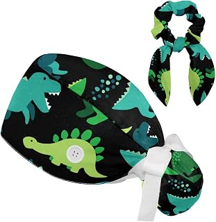 FVQL 2 Pieces Surgical Cap for Long Hair Scrub Cap with Hairband Nurse Cap, Seamless Pattern Dinosaurs Cartoon