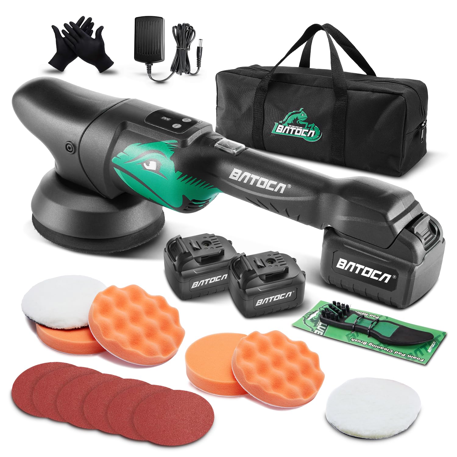 BATOCA 21V Cordless Polisher for Cars - 2.0Ah Lithium Battery Powered Car Buffer Kit, 4500RPM orbital with pads & Buffing Pads Cleaning Brush -