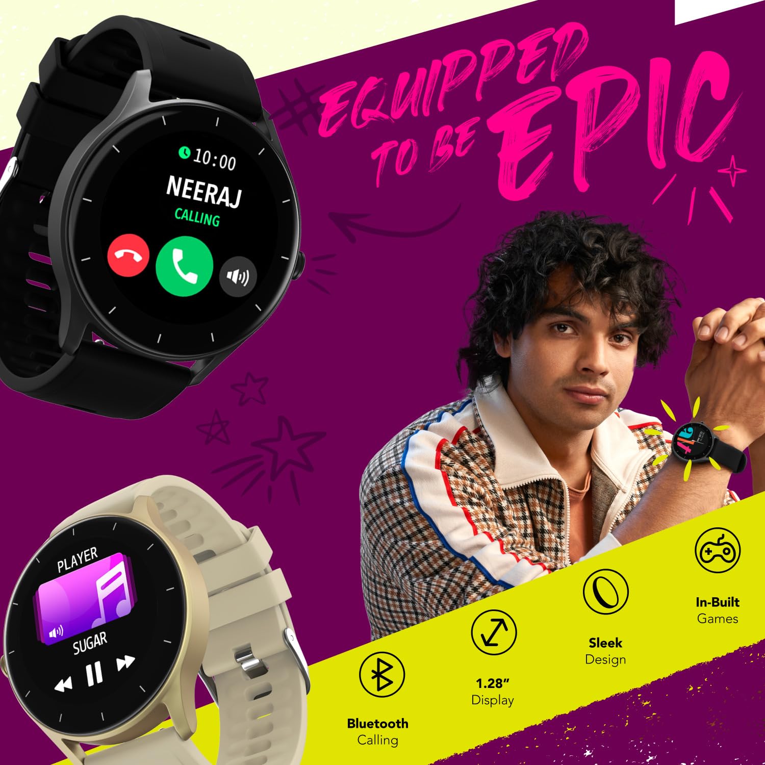 Noise Alt Vibe Lite Smartwatch features including Bluetooth calling, 1.28 inch display, sleek design, and in-built games