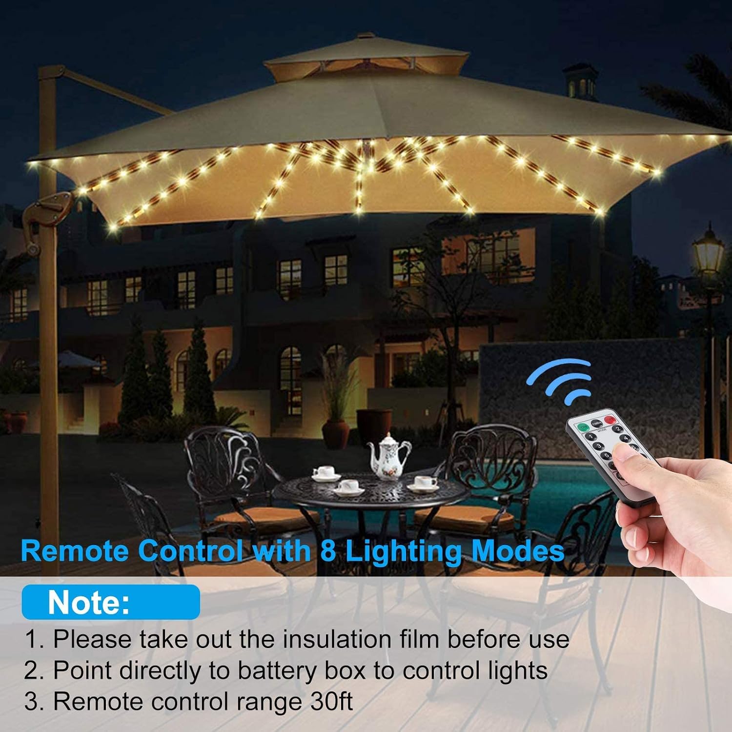 SUNJOYCO Patio Umbrella Lights with Remote Control, 104 LED Outdoor Umbrella Pole Light, 8 Lighting Modes Battery Operated, Waterproof Umbrella String Lights for Camping Tents Garden Party Decoration
