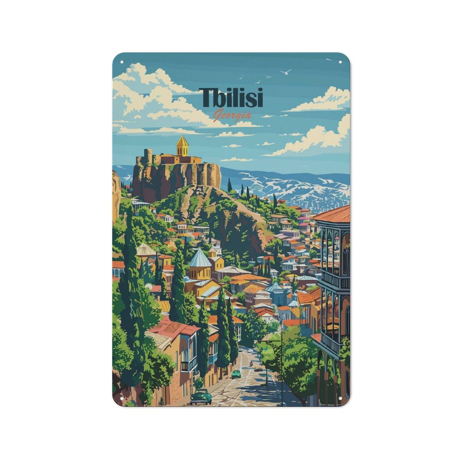 Junmoney Style-5 Tin Wall Plaque 30X20cm With Tbilisi, Georgia Travel For Café Or Restaurant, Housewarming Present For People Styling Café And Restaurant
