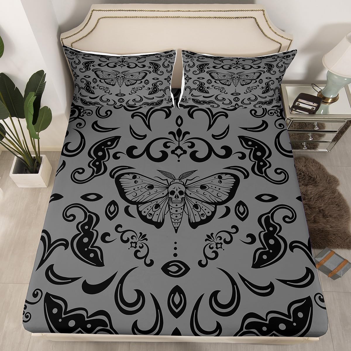 Erosebridal Moth Gothic Fitted Sheet Black Grey Damask Goth Full Bed Sheets for Adults Men Boho Death Moth Skull Halloween Bedding Retro Hippie Animal Floral Fitted Bed Sheet