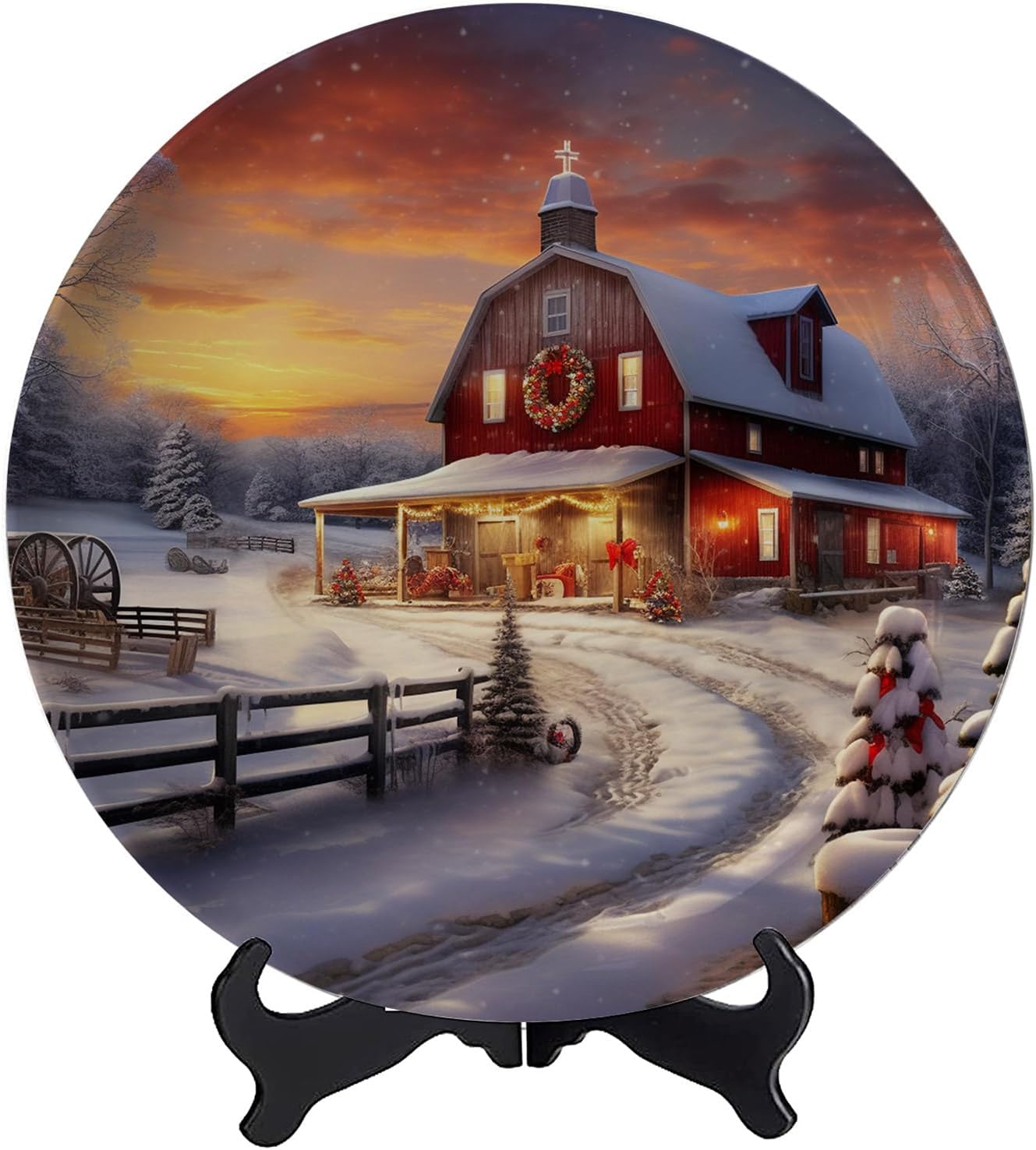Winter Country Christmas Decorative Plate Custom Art Decoration Fashion Design with Display Stand for Home Office Table Decor Porcelain Plates - 8 Inches