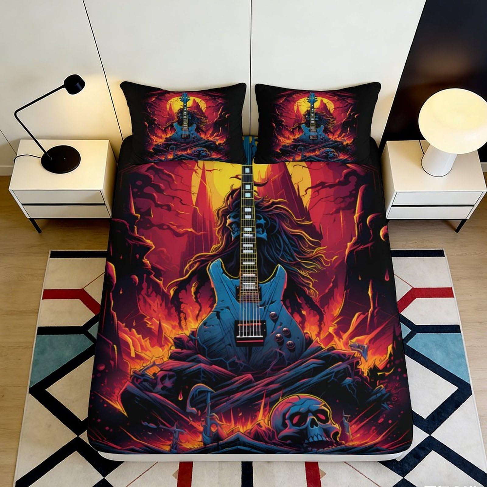 3D Printed Flaming Skull Fitted Sheet Microfiber Soft Breathable Guitar Bed Cover for Bedroom Dorm Decor Protection 90x200x25cm