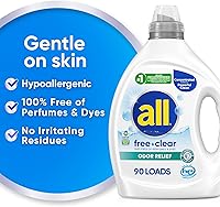 Vista 3 de Detergente líquido para ropa all, Free Clear para piel sensible, alivio del olor, sin fragancia e hipoalergénico, 2X concentrado, 90 cargas