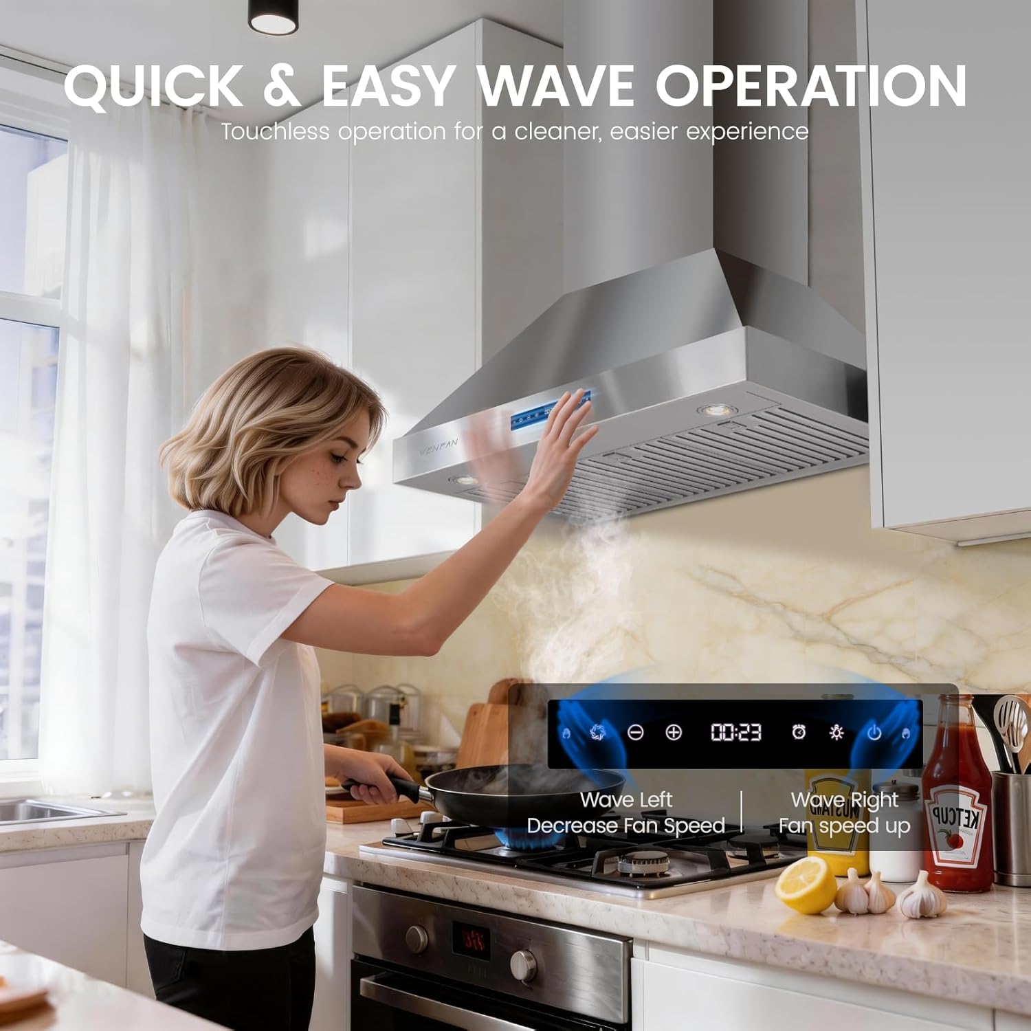 36 Inch Wall Mount Range Hood, 1200 CFM Stainless Steel Kitchen Vent Hood with Gesture Control, 8-Speed Fan, Delay Shut-Off Timer, Ducted/Ductless Convertible, Charcoal Filter Included