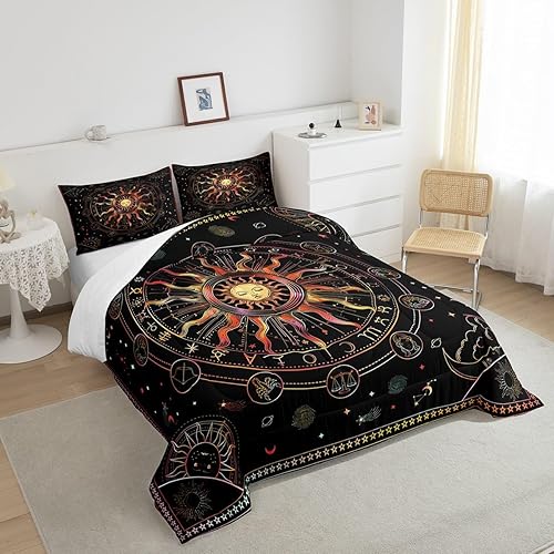Miniatura 5 de Manfei Juego de edredón de sol y luna, tamaño Queen, juego de ropa de cama de constelación del zodiaco, 3 piezas para decoración de habitación de