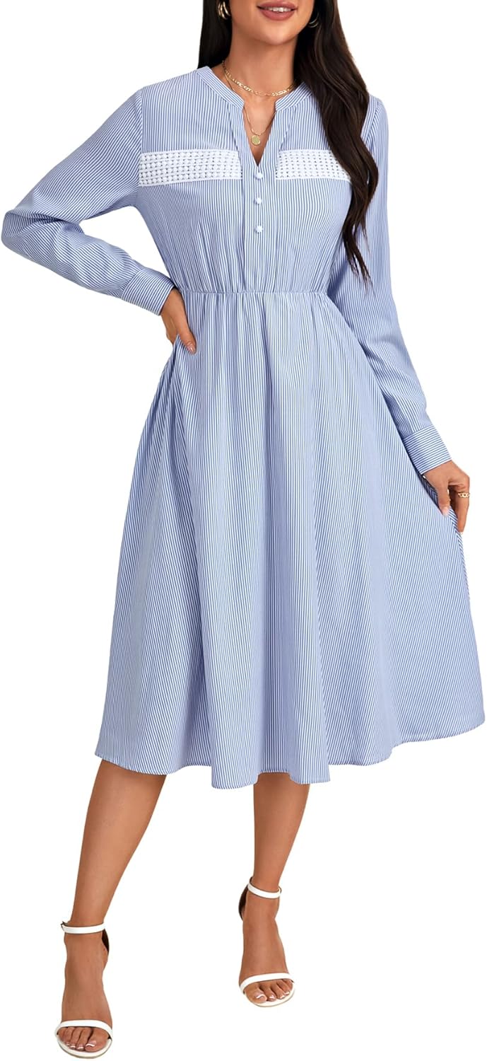 Vrtige Women's Stripe Long Sleeve Button V Neck Pleated Waisted A Line Midi Shirt Dress