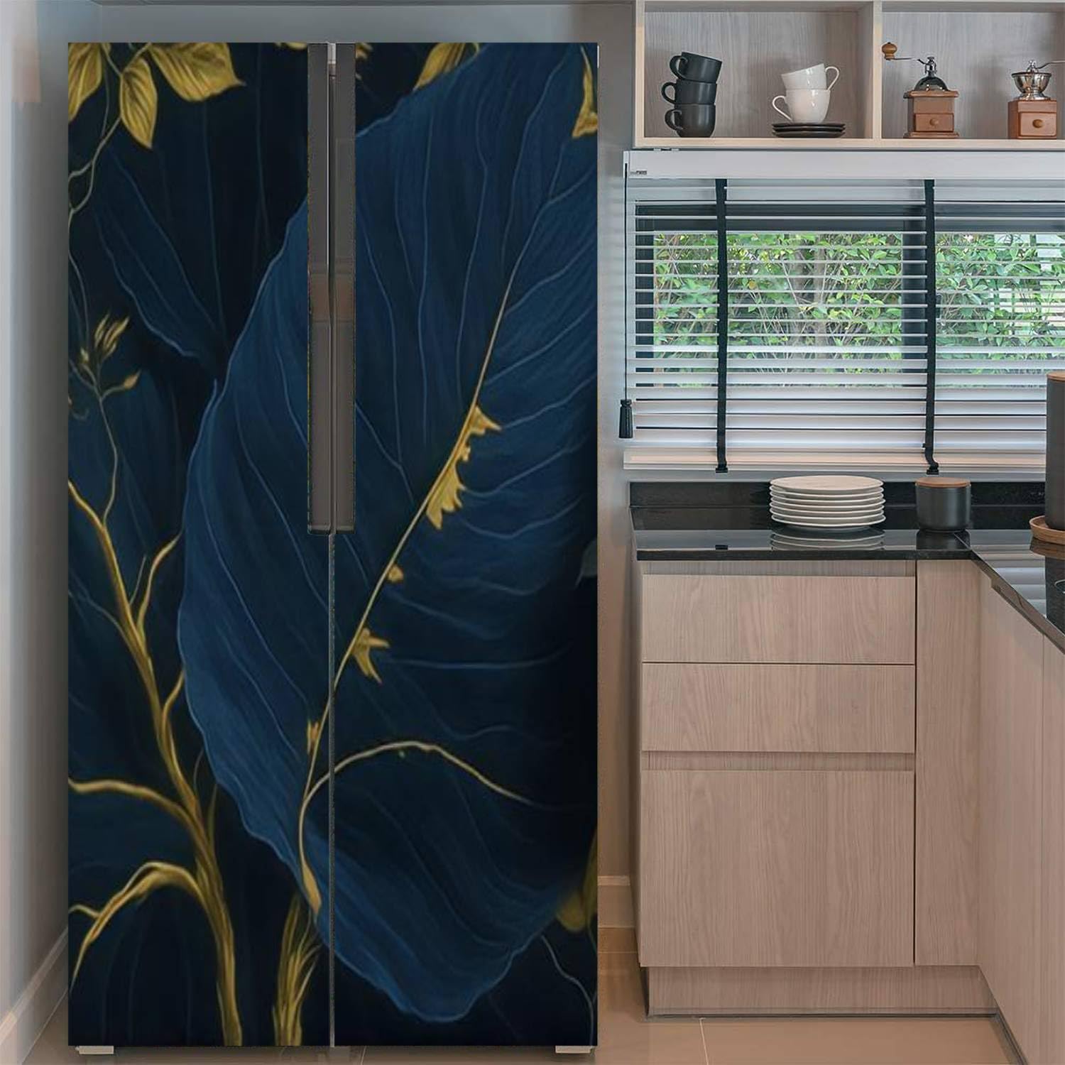 Self Adhesive Vinyl Refrigerator Wrap Set Exotic Oil Painting Navy Blue Leaves Botanic Print Canvas Tropical Door Mural Removable Fridge Sticker Peel and Stick Full Door Cover Decal Kitchen Decor