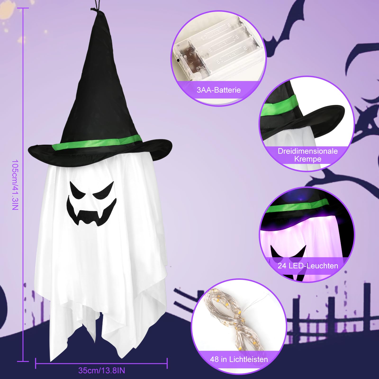 Halloween Deko, 105 cm Geist Dekoration zum Aufhängen mit 24 bunten LED-Lichtern, Windsack für drinnen und draußen, Garten, Party-Dekoration, Weiß, (DWS-001)