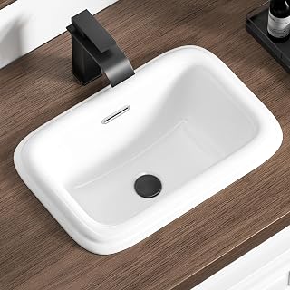 18 Inch Drop In Bathroom Vessel Sink with Overflow Rectangle White | 17.9"x12.4" Semi Recessed Design Bathroom Sink White Ceramic Porcelain Modern Style Easy to Clean Vessel Sink for Bathrooms