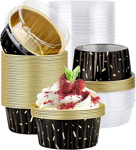 EUSOAR Moldes de aluminio con tapas, color negro, 60 paquetes de tazas desechables para hornear de 5 onzas, contenedor de cupcakes, bandeja de