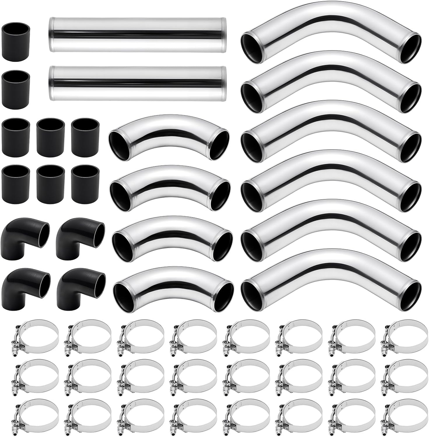 EVIL ENERGY Universal 2.5" 12pcs Intercooler Piping, Aluminum Intercooler Pipe Kit with T-Bolt Hose Clamps & Silicone Coupler, Silver