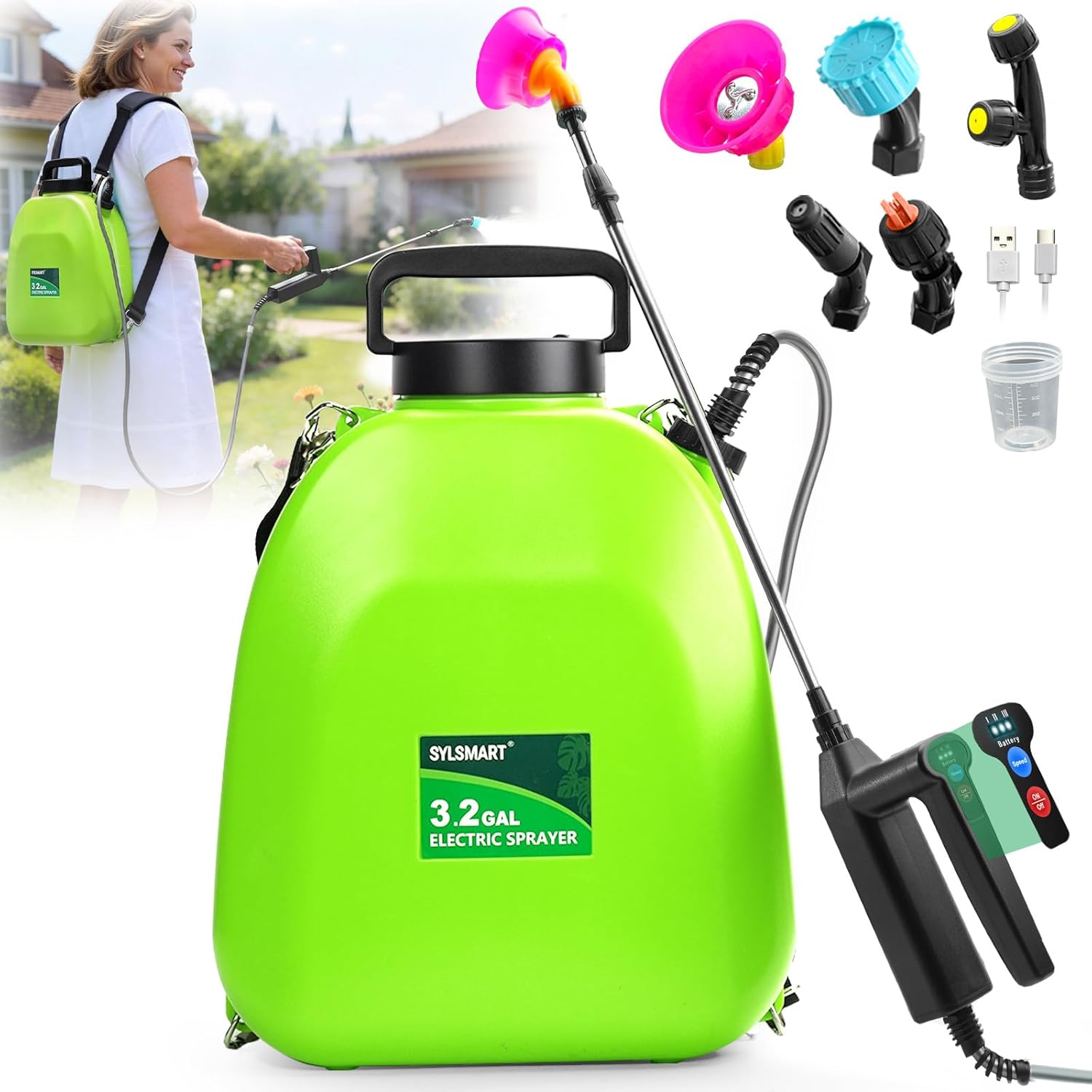 Battery Powered Backpack Sprayer 3.2Gallon, Electric Sprayer with 3-Adjustable Sprayings, Battery Indicator, 5 Nozzles, 41" Retractable Wand, Rechargeable Garden Sprayer for Weed, Lawn&Yard