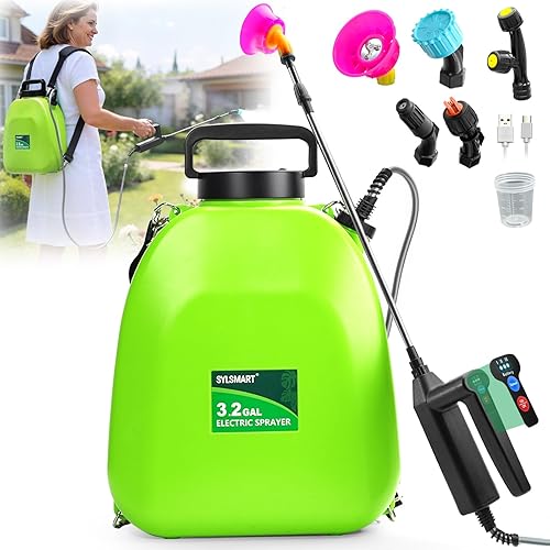 Battery Powered Backpack Sprayer 3.2Gallon, Electric Sprayer with 3-Adjustable Sprayings, Battery Indicator, 5 Nozzles, 41" Retractable Wand, Rechargeable Garden Sprayer for Weed, Lawn&Yard