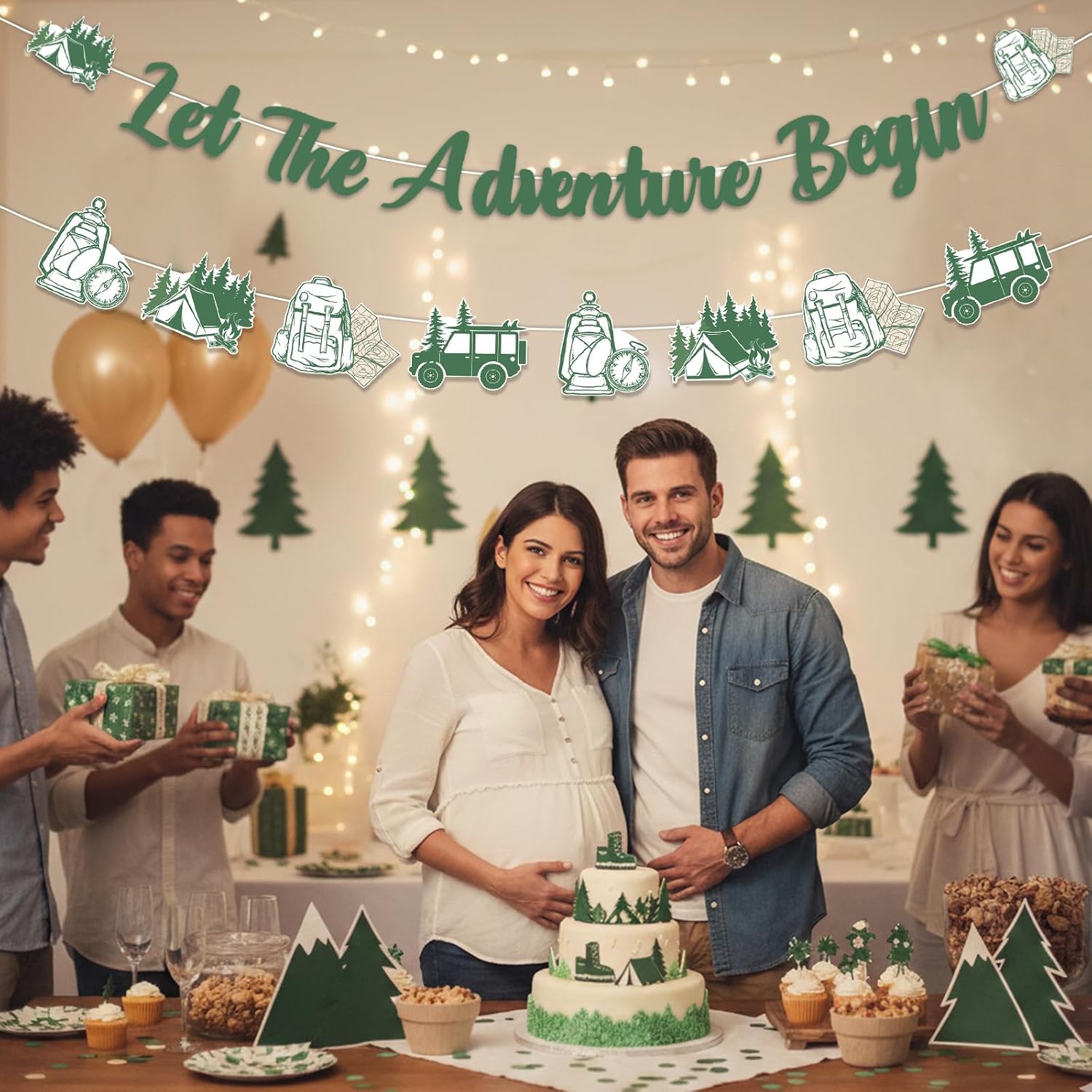 Jollyboom Adventure Awaits Baby Shower Decorations, Camping Let The Adventure Begin Banners for Sage Green Mountain Welcome Baby Party