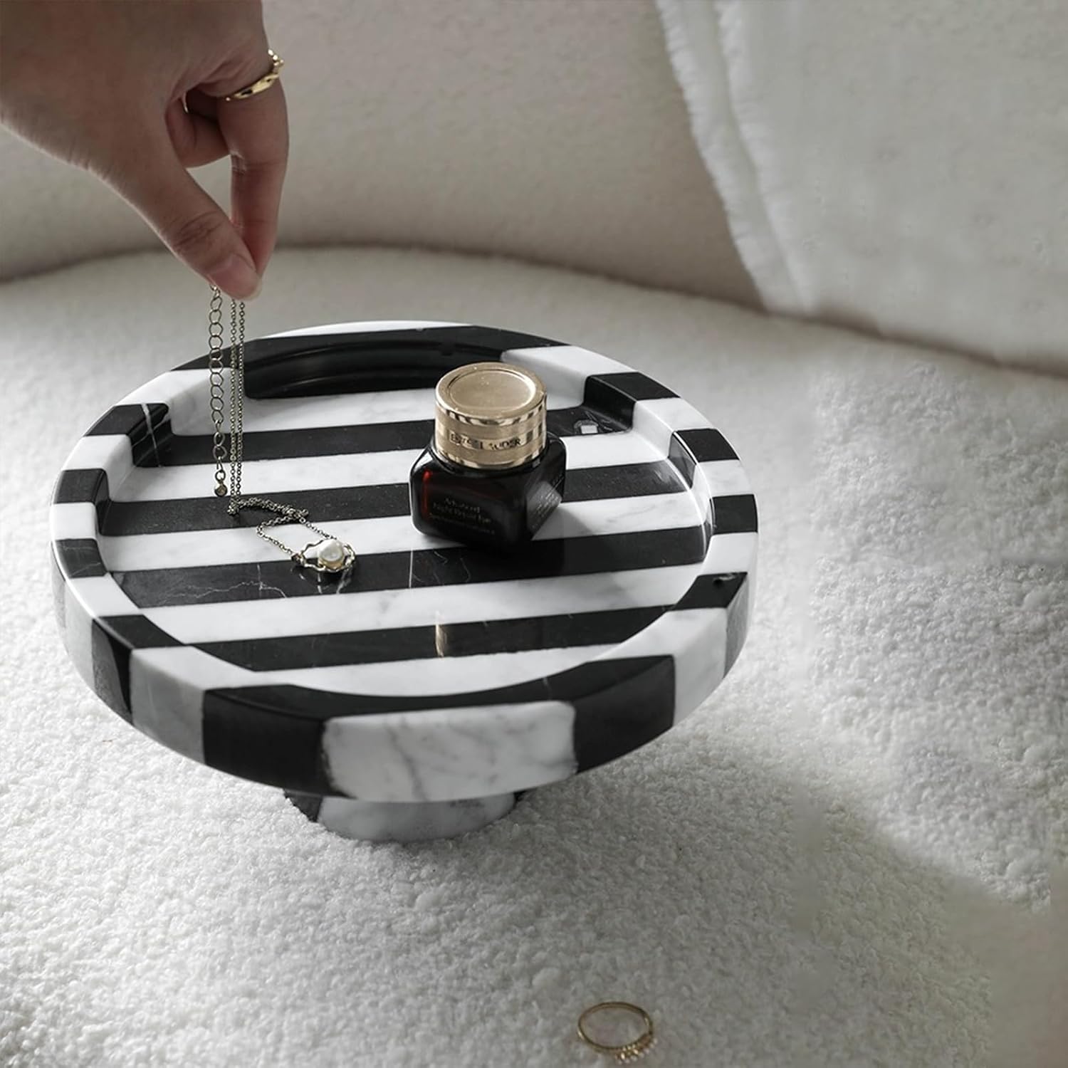 Black White Striped Marble Tray, Elegant Storage Organizer, Jewelry Cosmetic Perfume Display for Vanity, Bathroom, Luxury Dining and Wedding Decor