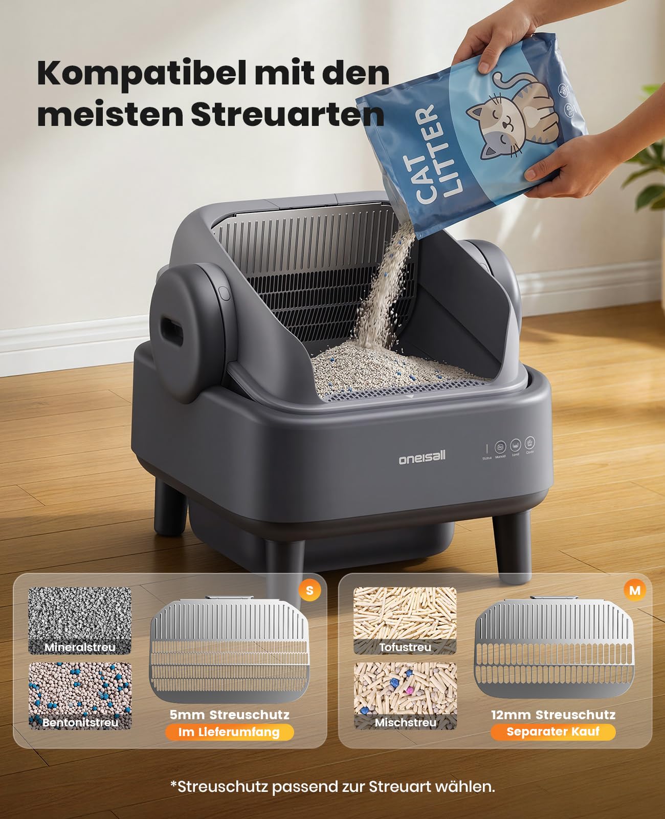oneisall katzenklo selbstreinigend automatisch offen XXL große Katzen, katzenklo mit EaseClean™ System, selbstreinigende katzentoilette Auto und Manuelle Modi, Ink. katzenklomatte und 40beutel