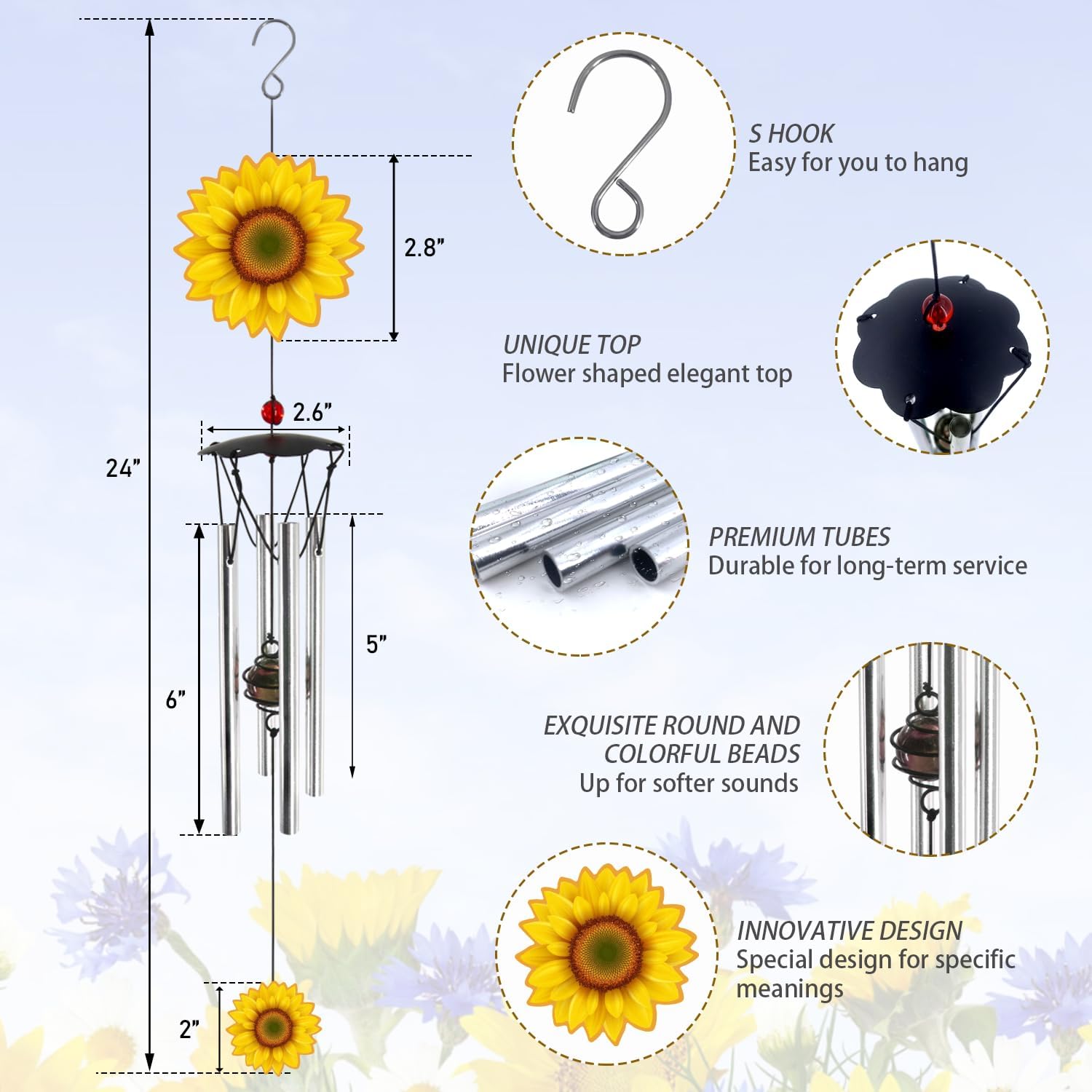 Wind Chimes for Outside Sunflower Wind Chimes Outdoor Home Patio Garden Decor Windchimes Outdoors Gift Ideas for Women Mom Grandma Sisters - Image 2