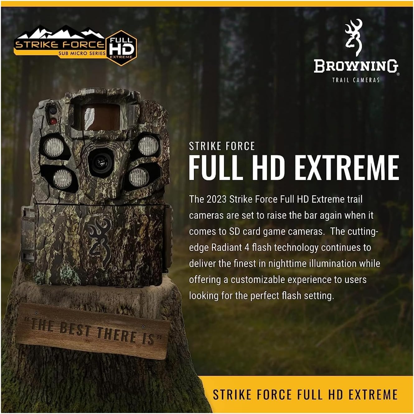 Browning Strike Force Full HD Extreme trail camera mounted on a tree in a natural outdoor setting.