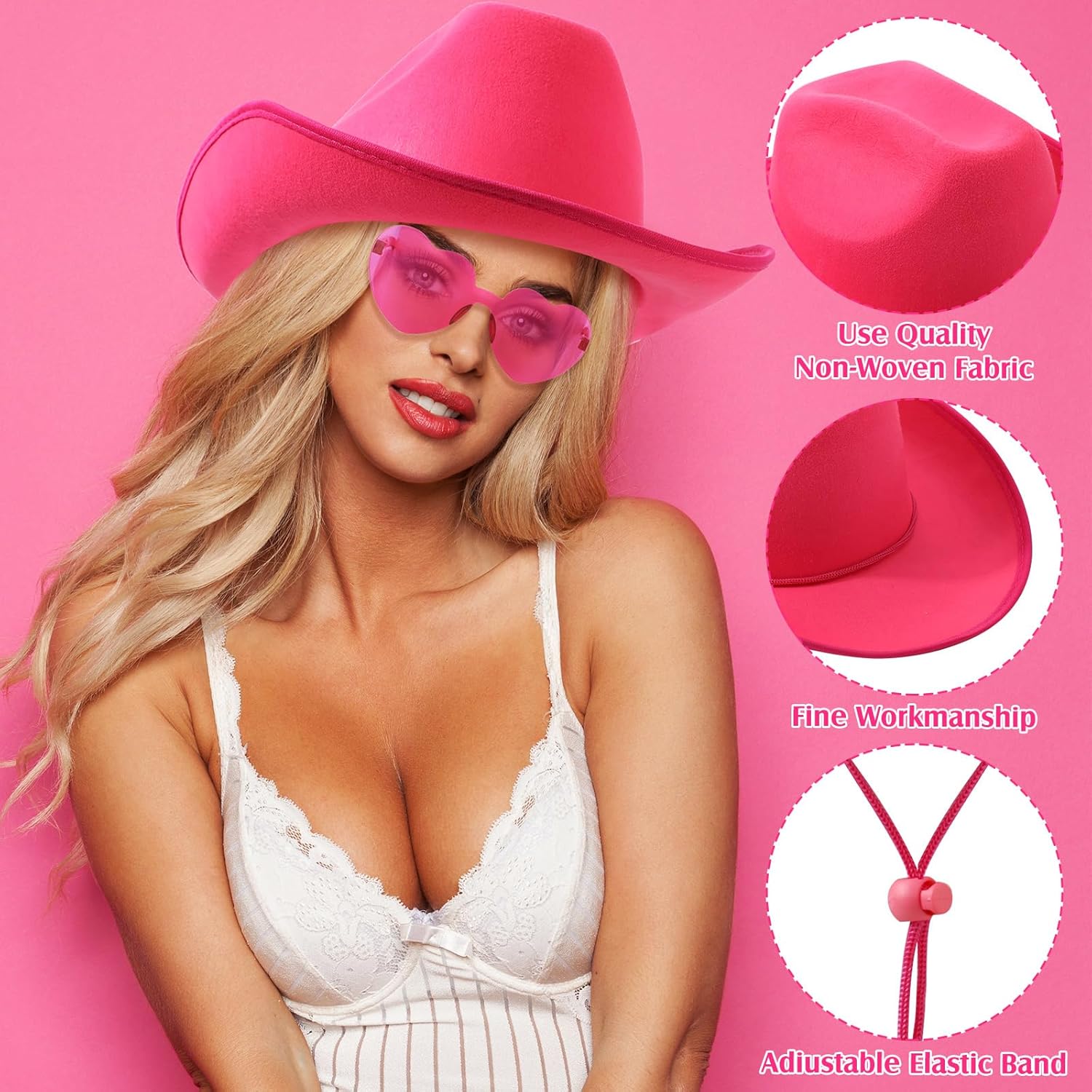 Geyoga 9 Pcs Adult Cowboy Hat with Paisley Bandanas and Heart Shape Sunglasses for Western Cowgirl Party Costume - Image 6