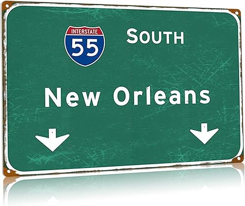 Letrero de metal de la ciudad de Nueva Orleans, retro, South New Orleans Interstate 55, letrero de dirección que indica retro, letrero de metal para