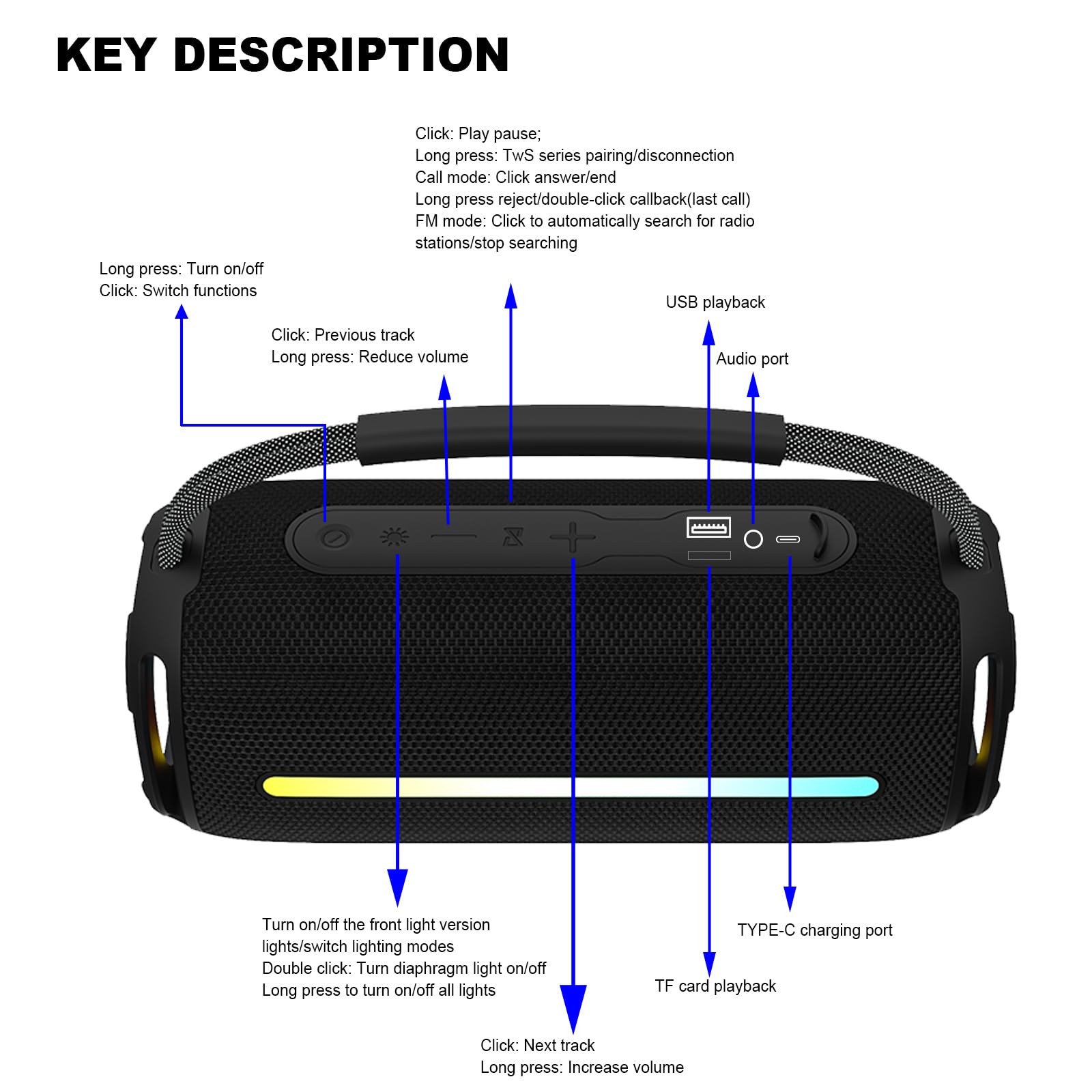 Portable Bluetooth Speaker with 20W Deep Bass, Waterproof Wireless Outdoor Speaker with Colorful LED Lights, TWS Pairing, Loud Speaker for Party, Beach, Travel & Home (Black) — view 7