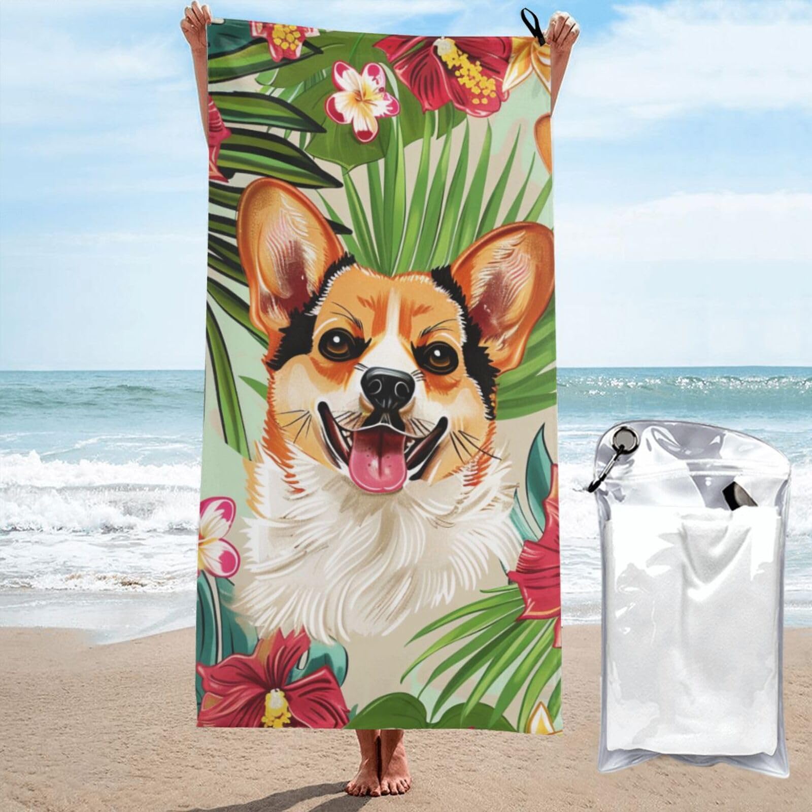 kkvhhyuo Microfiber Beach Towel, tropical flower and corgi Printed Lightweight Quick Dry Travel Bath Sheet with Compact Carry Bag for Swimming Yoga Camping Gym,31.5"x63"