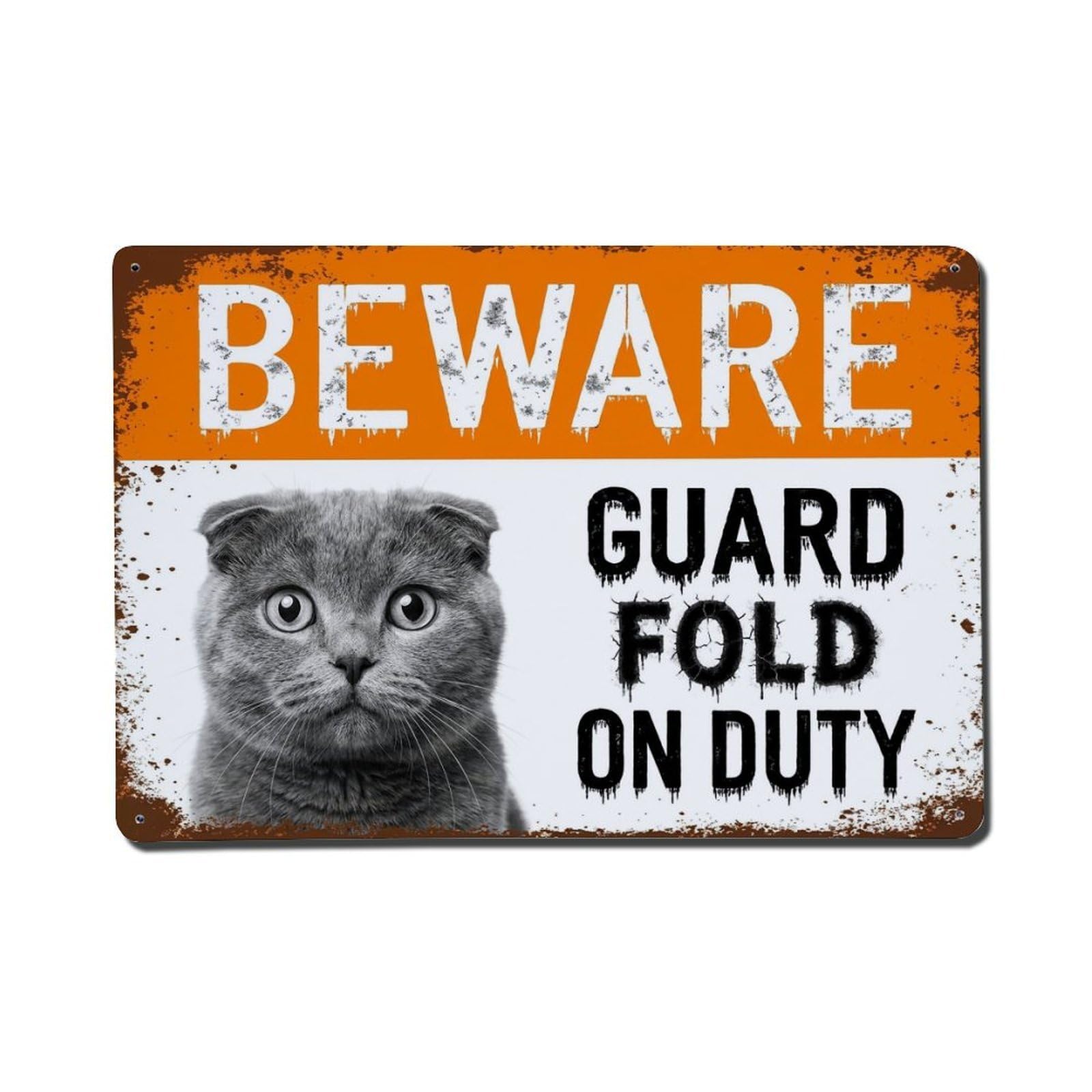 Vintage Funny Scottish Fold Guard Beware of Cat Deck Metal Tin Sign