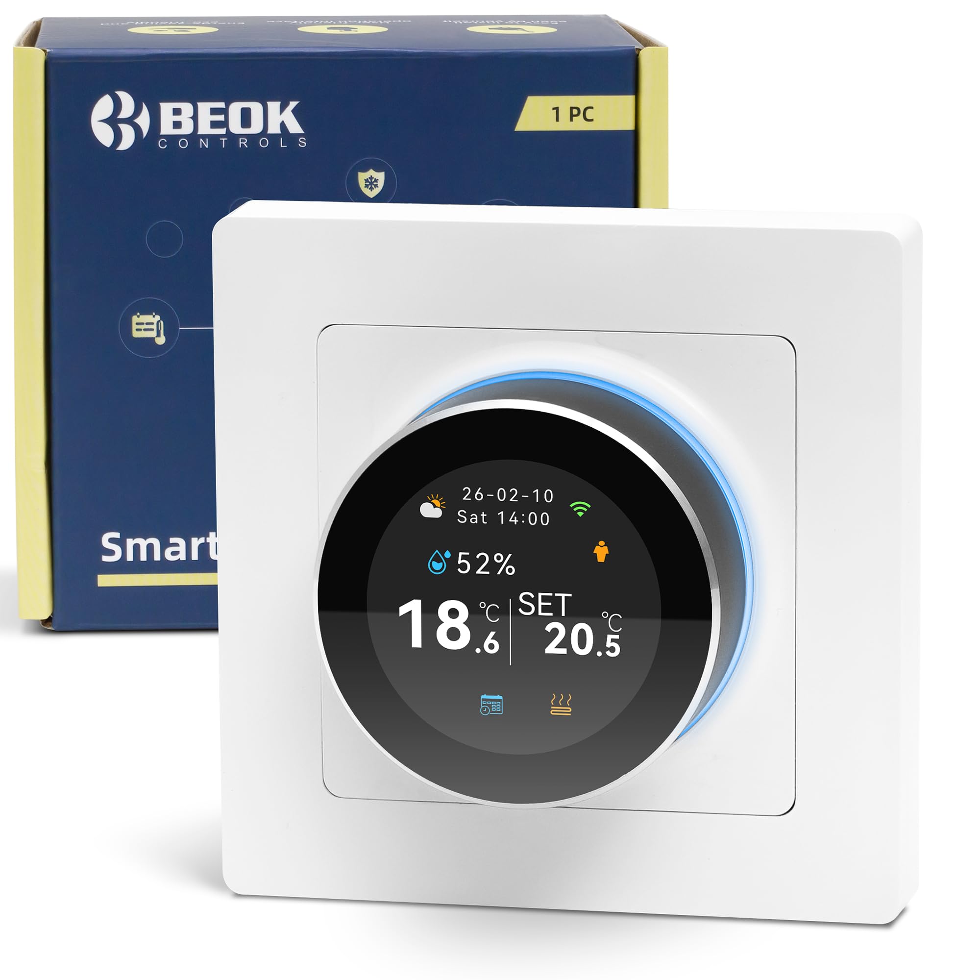 Termostato para calderas Beok con conexión Wi-Fi, programable por días, con control por voz compatible con Google Assistant y Alexa. Apto para calderas de agua o de gas con contactos secos, 100-240 V.