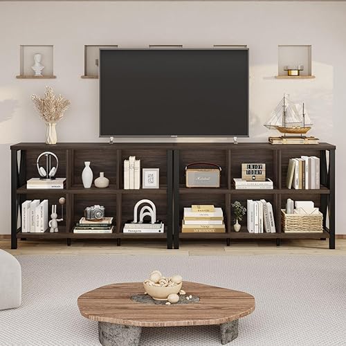 Vista 5 de FATORRI Organizador de almacenamiento de 6 cubos con estante, estantería horizontal corta para sala de estar, estantería de madera y metal, estante