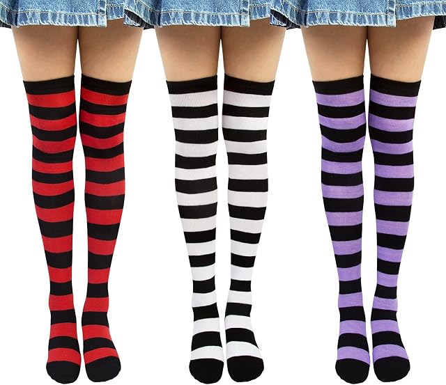 3 Pairs Women Striped Thigh Socks Knee High Sock Ladies Over Knee Long Boot Stocking for Girls Leg Warmer High Socks Casual for Daily Wear Cosplay One Size Purple Red Black