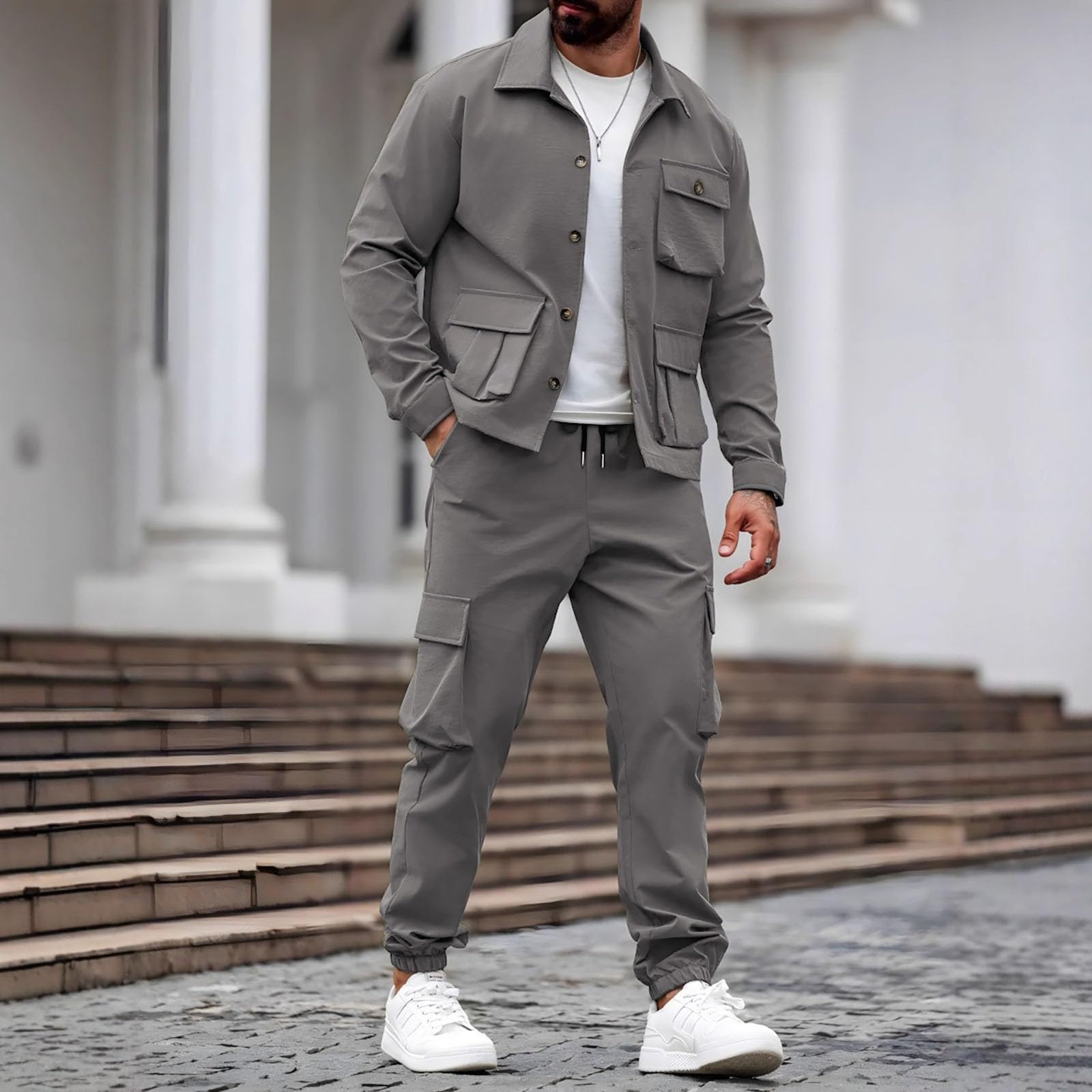 Conjunto completo de chándal para hombre, 2 piezas, chaqueta tipo cargo y | Conjuntos de entrenamiento elásticos, pantalones de escalada y camisetas de entrenamiento, con múltiples bolsillos