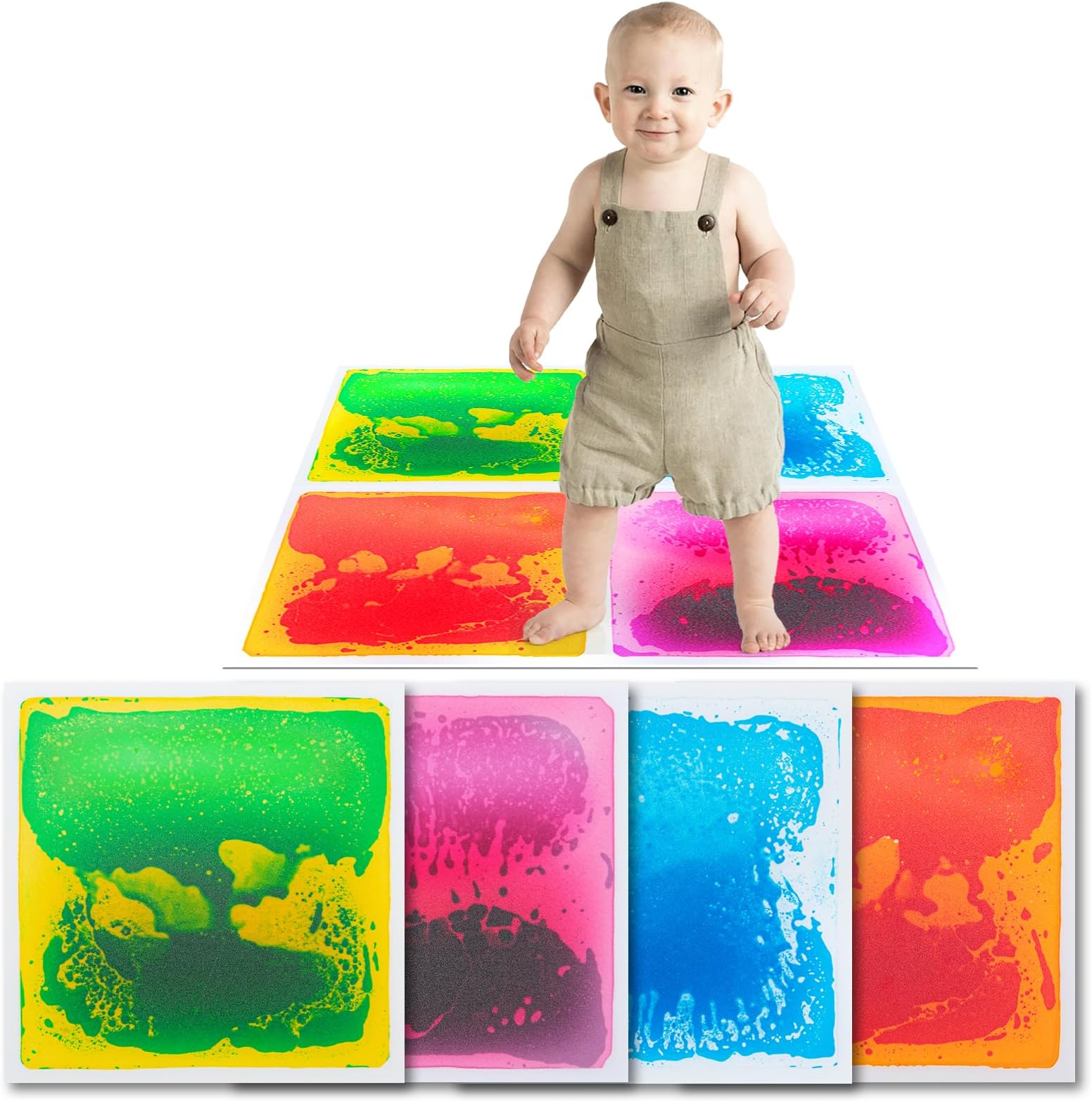 Art3d Colorful Liquid Sensory Floor Tiles for Children, Toddler, Teens, Playroom, Dance Floor for Decorative, 11.8"x11.8" Square, 4 Tiles