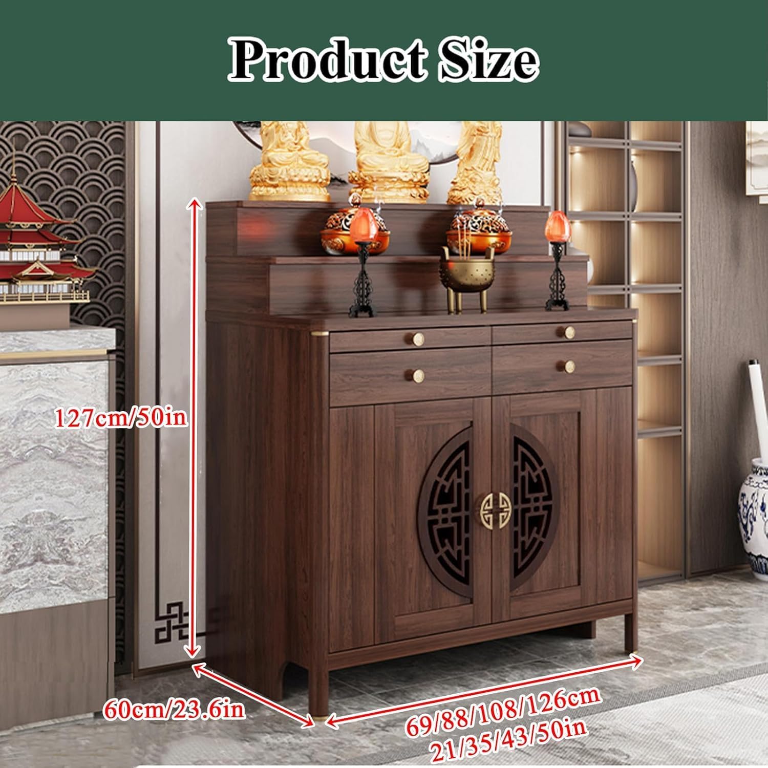 Solid Wood Frame Personal Shrine Altar Table, Buddha Niche Chinese Cabinet with Large Storage Cabinet, Meditation Prayer Table with Drawer (Dark Brown, 126cm/49.6in)